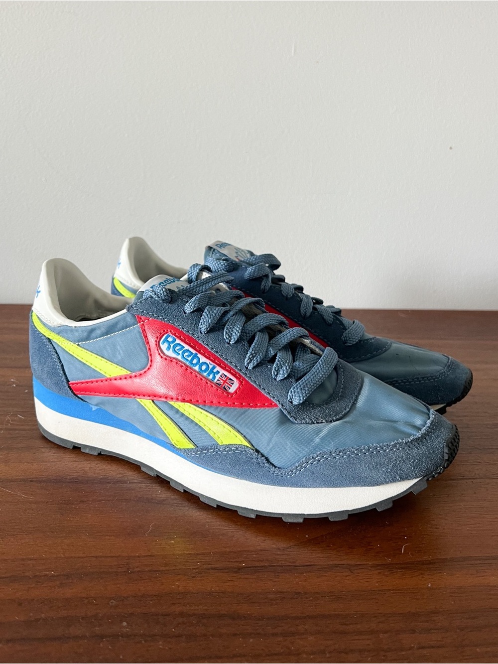 Reebok Aztec Classic Nylon Runner UK 6.5 Blue Yellow Retro Sneakers Shoes
